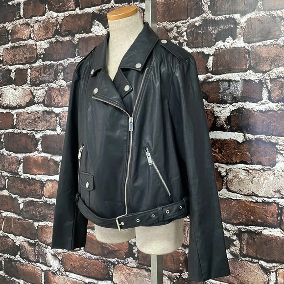 Eloquii Faux Leather Jacket Moto Zipper Belt Black Size 10 - Picture 5 of 14